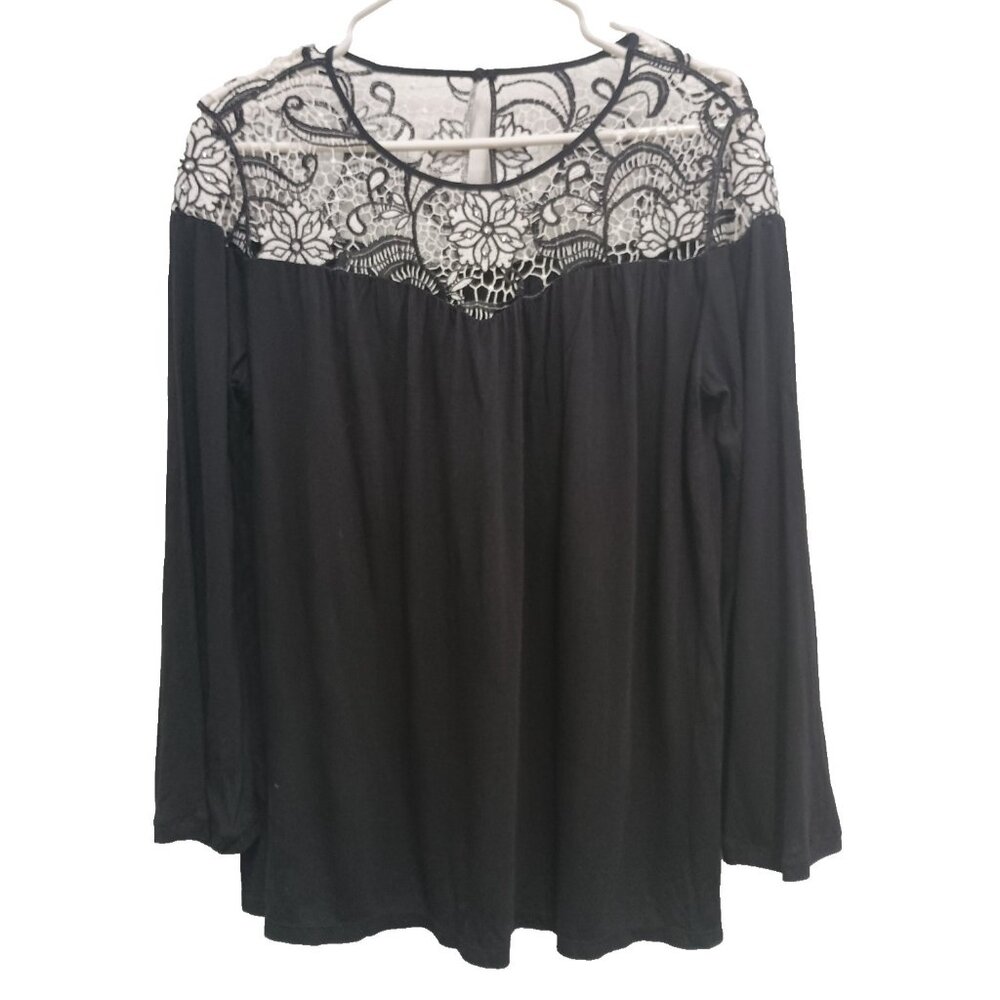 INC International Concept Womens Top Medium Black Crochet Yoke Flare Sleeve BOHO